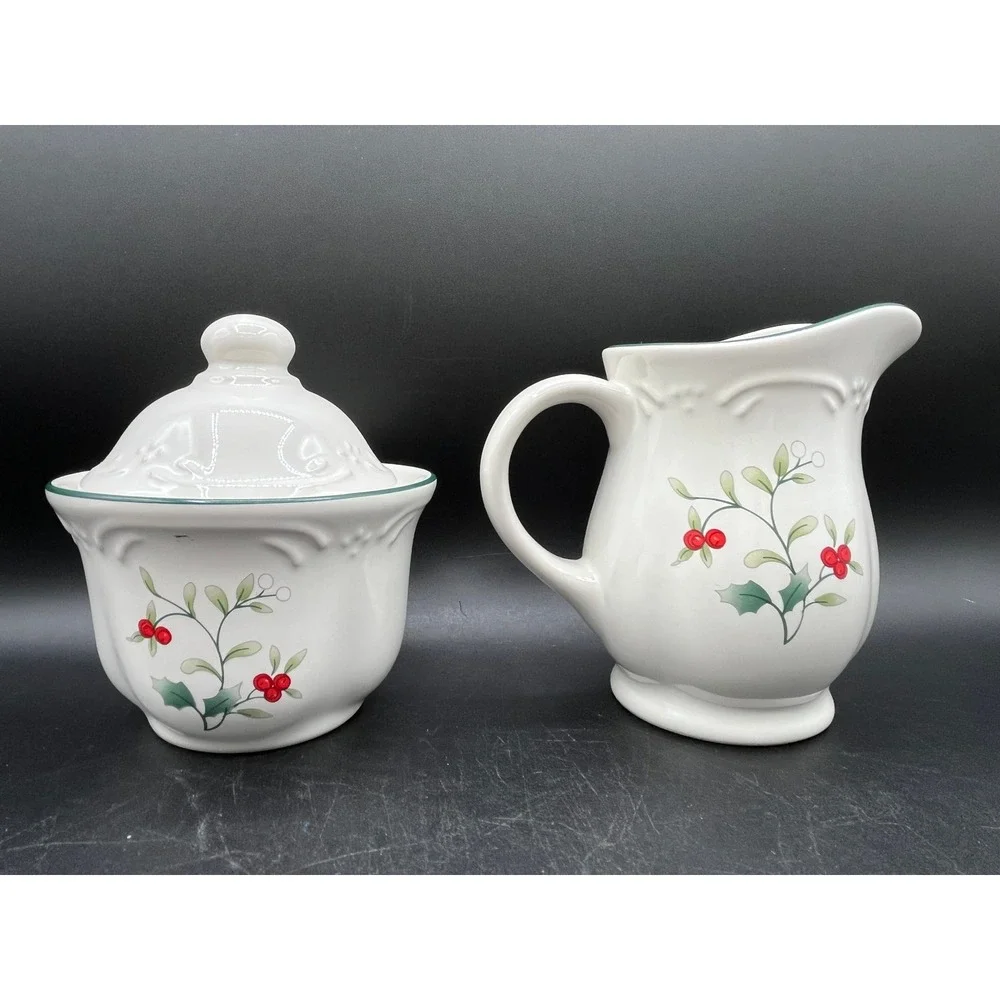 Pfaltzgraff Winterberry Cream and Sugar Set White Stoneware Holly Berry Holiday